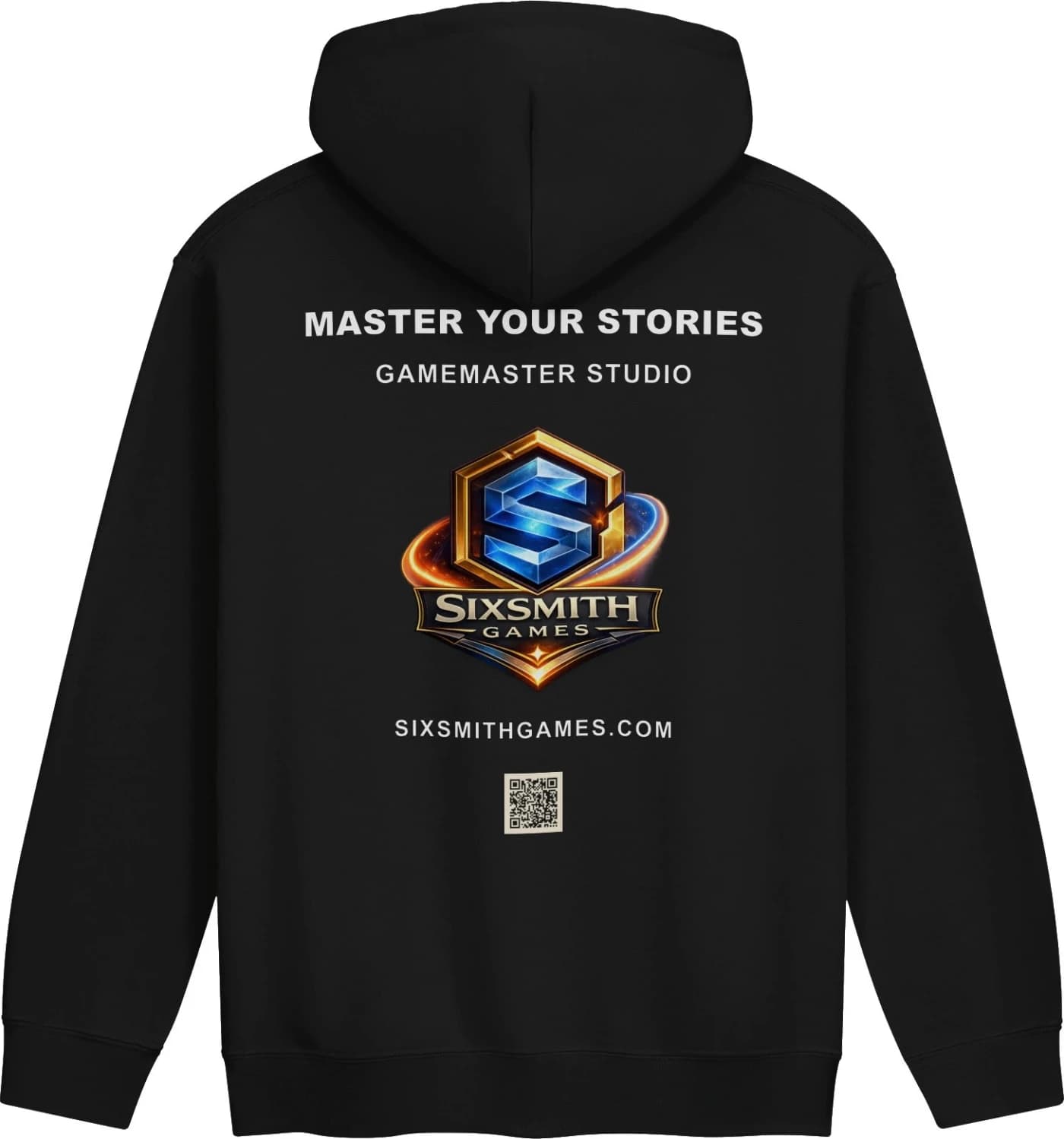 Back of the black Master Your Stories pullover hoodie with the Sixsmith Games crest