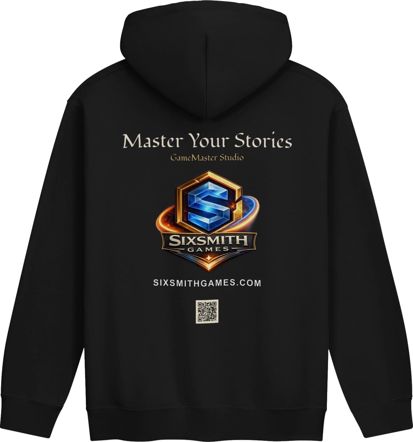 Back of the black Master Your Stories pullover hoodie with mixed-case fantasy lettering, the Sixsmith Games crest, website, and QR code