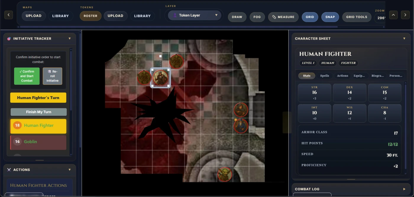 Virtual Combat Simulator encounter view showing battle map, tokens, initiative tracker, combat actions, fog controls, and a token-linked character sheet in one workspace