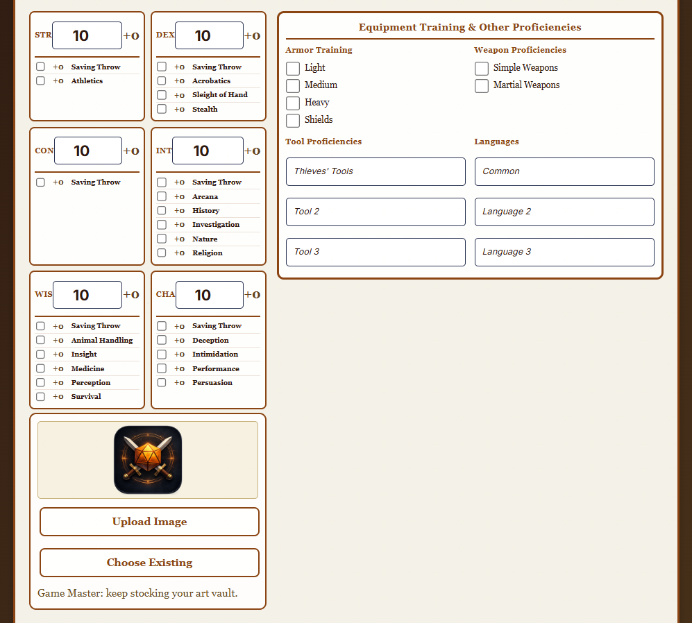 Ability scores grid with skills, Equipment Training and Other Proficiencies panel, and character portrait panel on the VCS character sheet