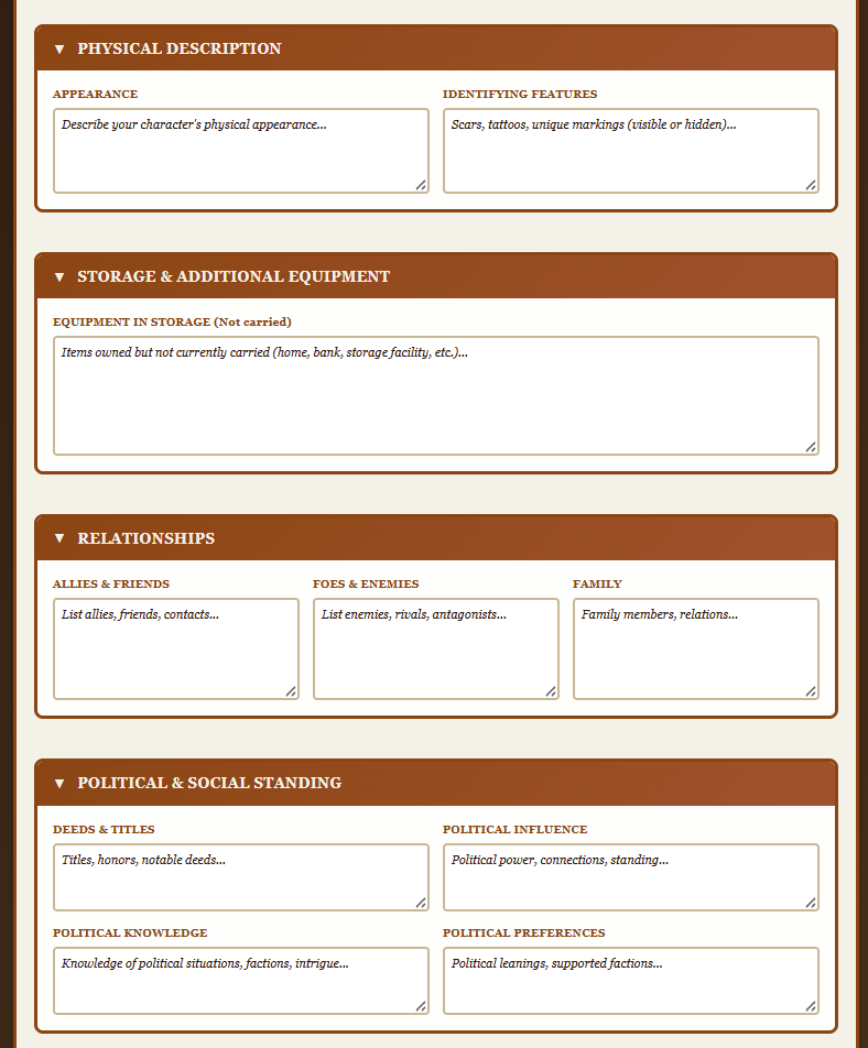 Physical Description, Storage, Relationships, and Political & Social Standing collapsibles on the VCS character sheet character details page