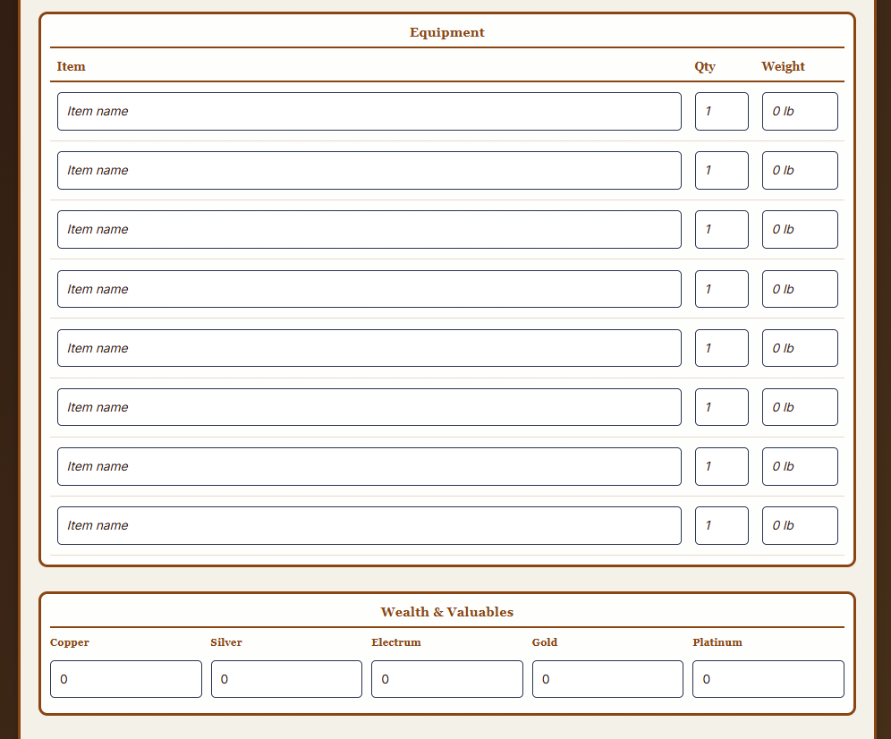 Equipment table and Wealth & Valuables panel on the VCS character sheet