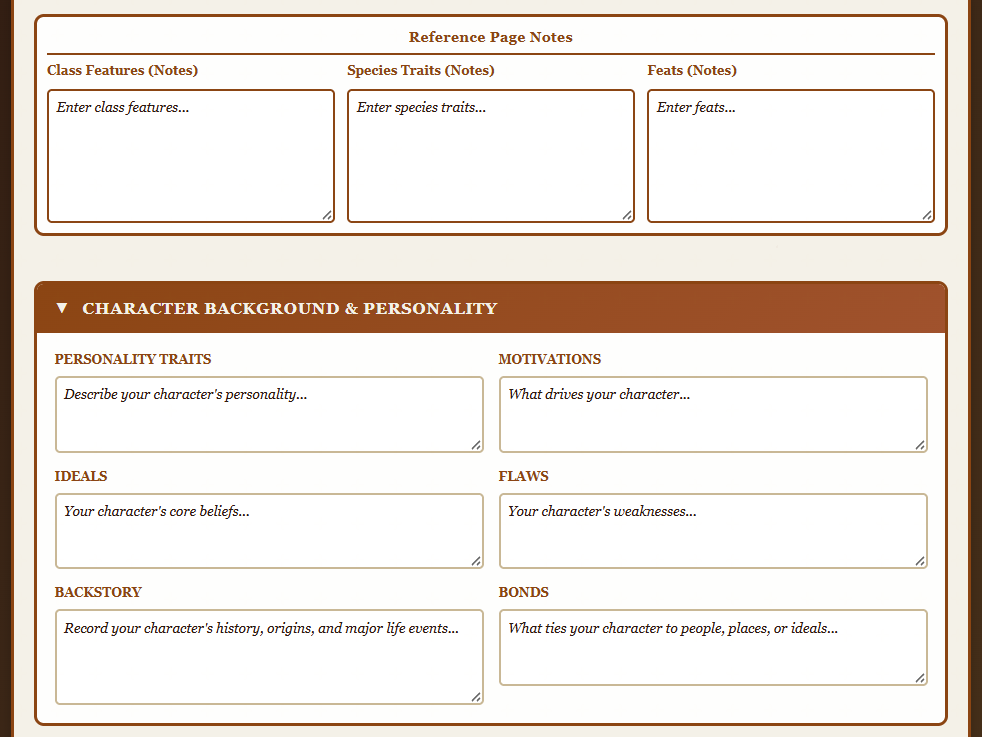 Reference Page Notes and Character Background & Personality panel on the VCS character sheet