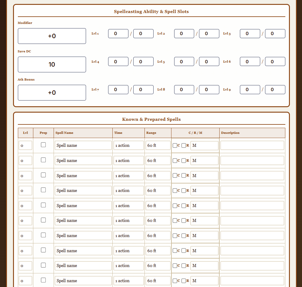 Spellbook page of the VCS character sheet with spellcasting stats, spell slots, and the known and prepared spells table